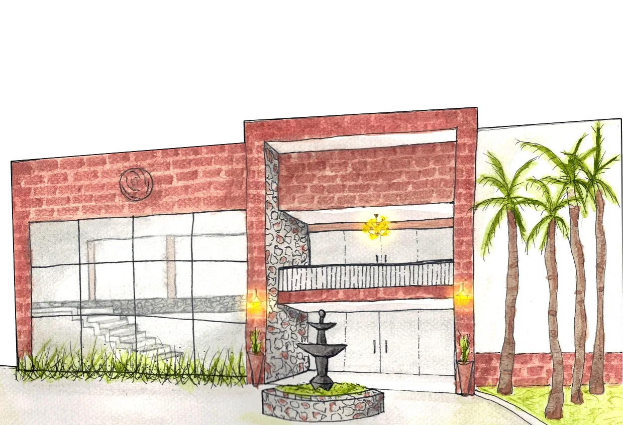 Ilustração em aquarela da fachada da Villa D'Incanto, com a fonte e as palmeiras na entrada